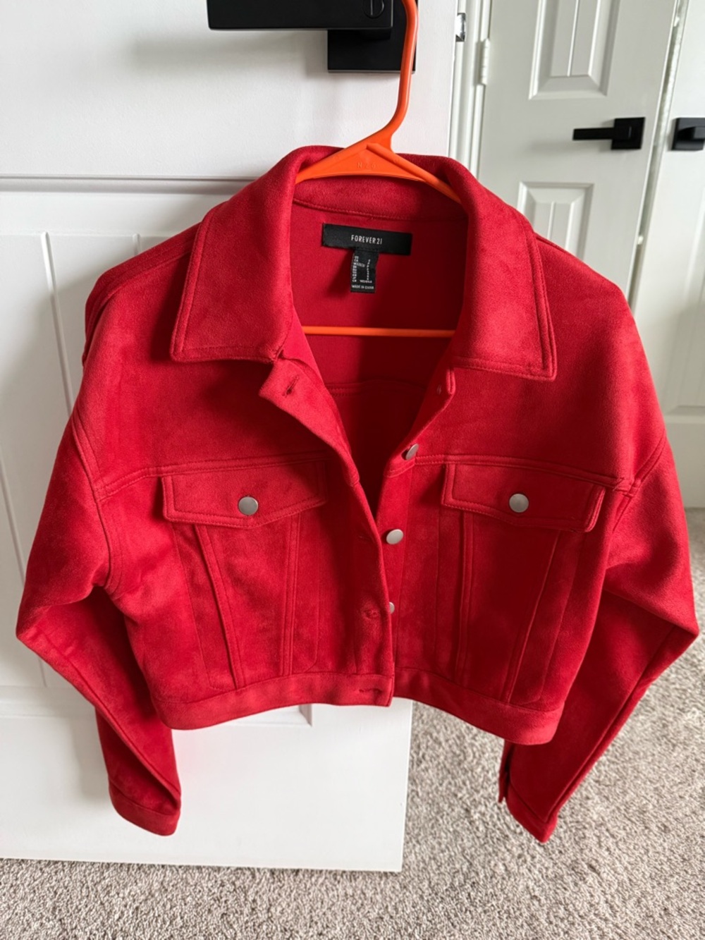 NWOT Forever 21 Bright Red Orange Cropped Faux Suede Jacket - Picture 2 of 9